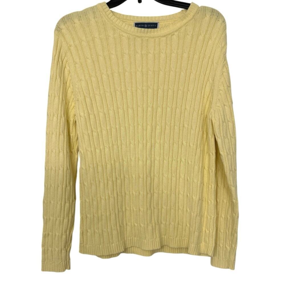 Karen Scott 100% Cotton Butter Yellow Cable Knit Crew Neck Sweater Preppy XL